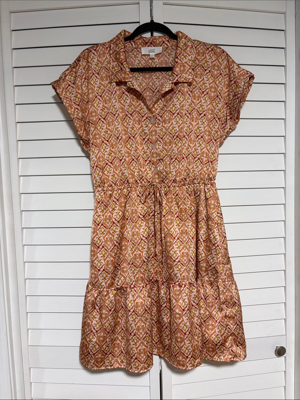 Lucky Brand Orange Ikat Short Sleeve Drawstring Mini Dress